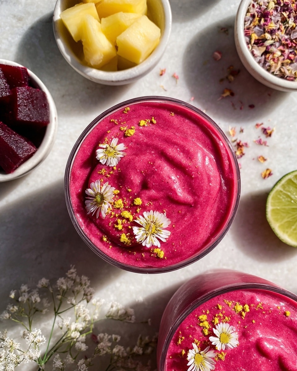 Two glasses filled with thick, bright pink smoothie, topped with small white flower petals and yellow bee pollen. The smoothie is smooth and swirled on the surface. Around the glasses, there are small white bowls, one with light yellow frozen chunks, another with dark red beet pieces, and one filled with small white flowers. The background is a white marbled texture with some scattered petals and a slice of green lime on the right side. The image is bright with natural light and clear shadows. photo taken with an iphone --ar 4:5 --v 7
