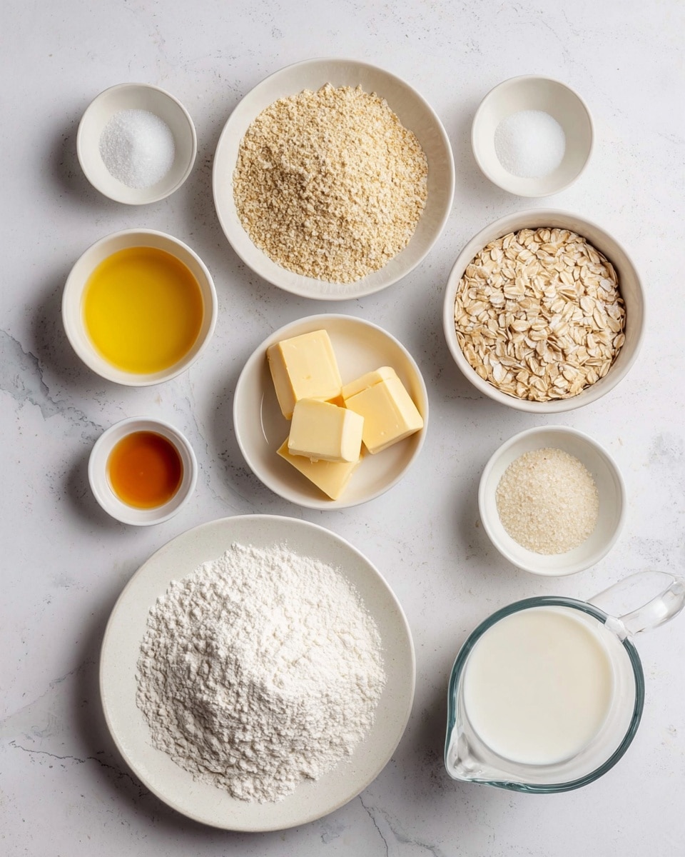 The image shows nine small white bowls and plates arranged on a white marbled surface, each holding a different ingredient. The largest white plate at the bottom left is filled with white flour, with a soft powdery texture. In the top right, a white bowl is full of light tan rolled oats with a rough texture. Near the center, there is a small white bowl with four yellow cubes of butter, a small white bowl with yellow liquid oil, and a clear glass bowl with water. Other white bowls contain granulated yeast (light tan granules), small white salt crystals, a small bowl of honey with a shiny amber color, and a beaten egg mixture showing light yellow color and smooth texture. A clear measuring cup of milk with a white color is near the bottom right. The items are evenly spaced, giving an organized look. photo taken with an iphone --ar 4:5 --v 7