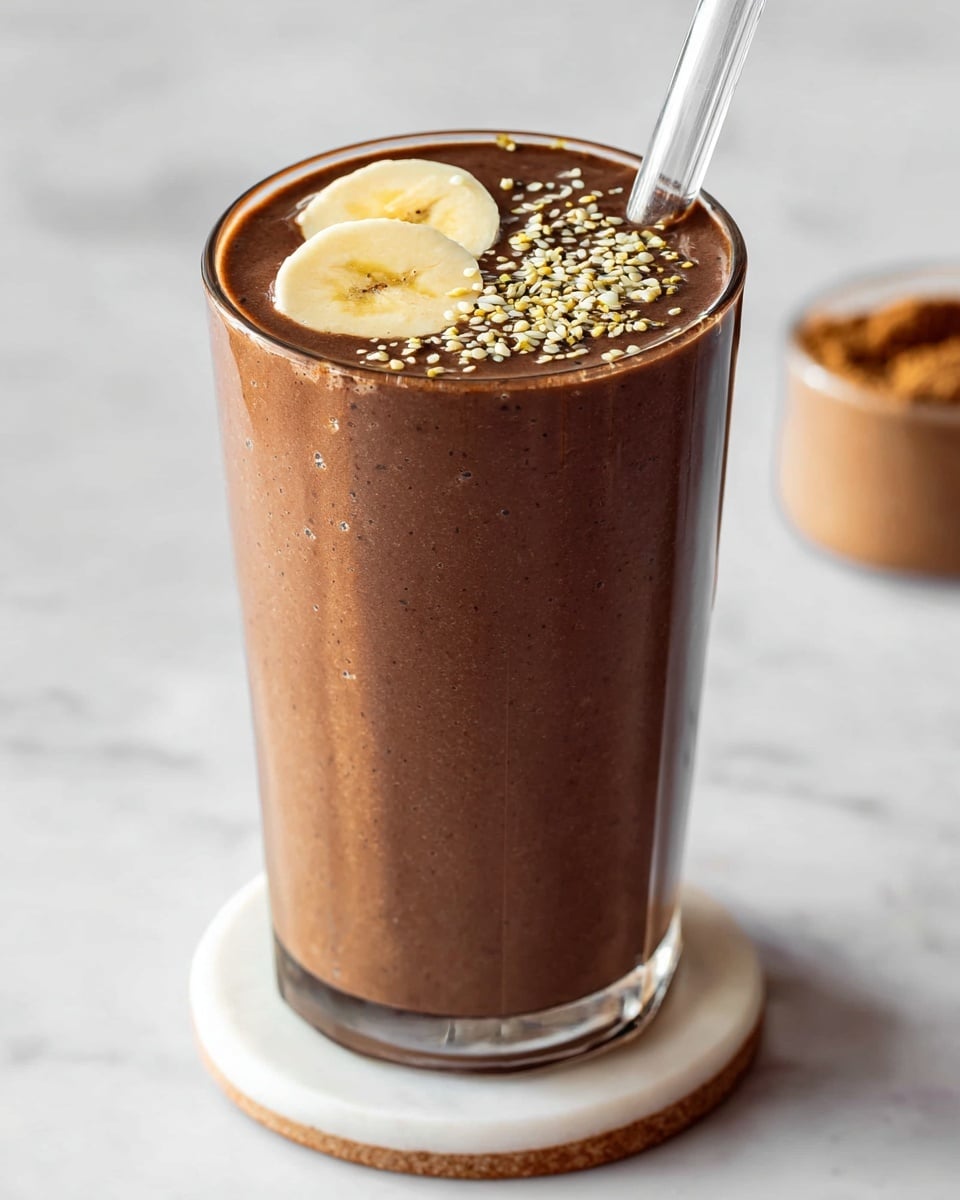 A tall clear glass filled with a thick, smooth dark brown smoothie, topped with two round, pale yellow banana slices and sprinkled with small light tan seeds on the surface. A clear glass straw is placed on the right side inside the glass. The glass sits on a small round white coaster, placed on a white marbled surface with a blurry light brown container in the far background. photo taken with an iphone --ar 4:5 --v 7