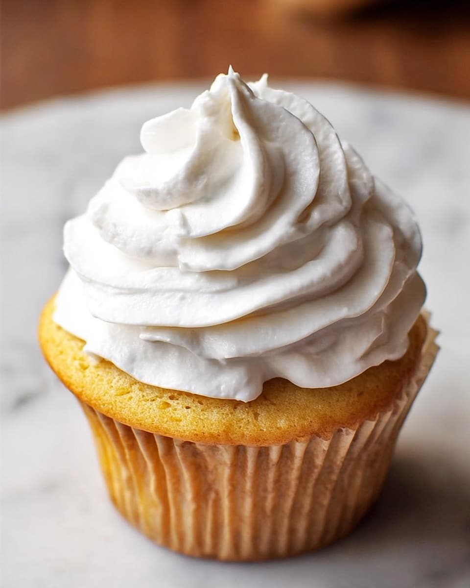 A single cupcake with one layer of golden yellow cake as the base, topped with a generous swirl of smooth, white whipped cream frosting that forms a soft peak in the center. The cupcake is in a plain brown paper liner, sitting on a white marbled surface with soft natural light highlighting the texture of the cake and the creamy frosting. Photo taken with an iphone --ar 4:5 --v 7