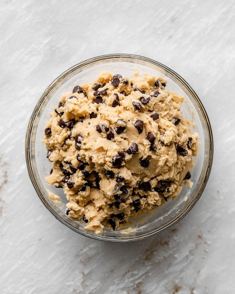 A clear glass bowl filled with thick, light beige cookie dough mixed with many small dark brown chocolate chips, with a slightly crumbly and chunky texture, sitting on a white marbled surface, viewed from above. photo taken with an iphone --ar 4:5 --v 7