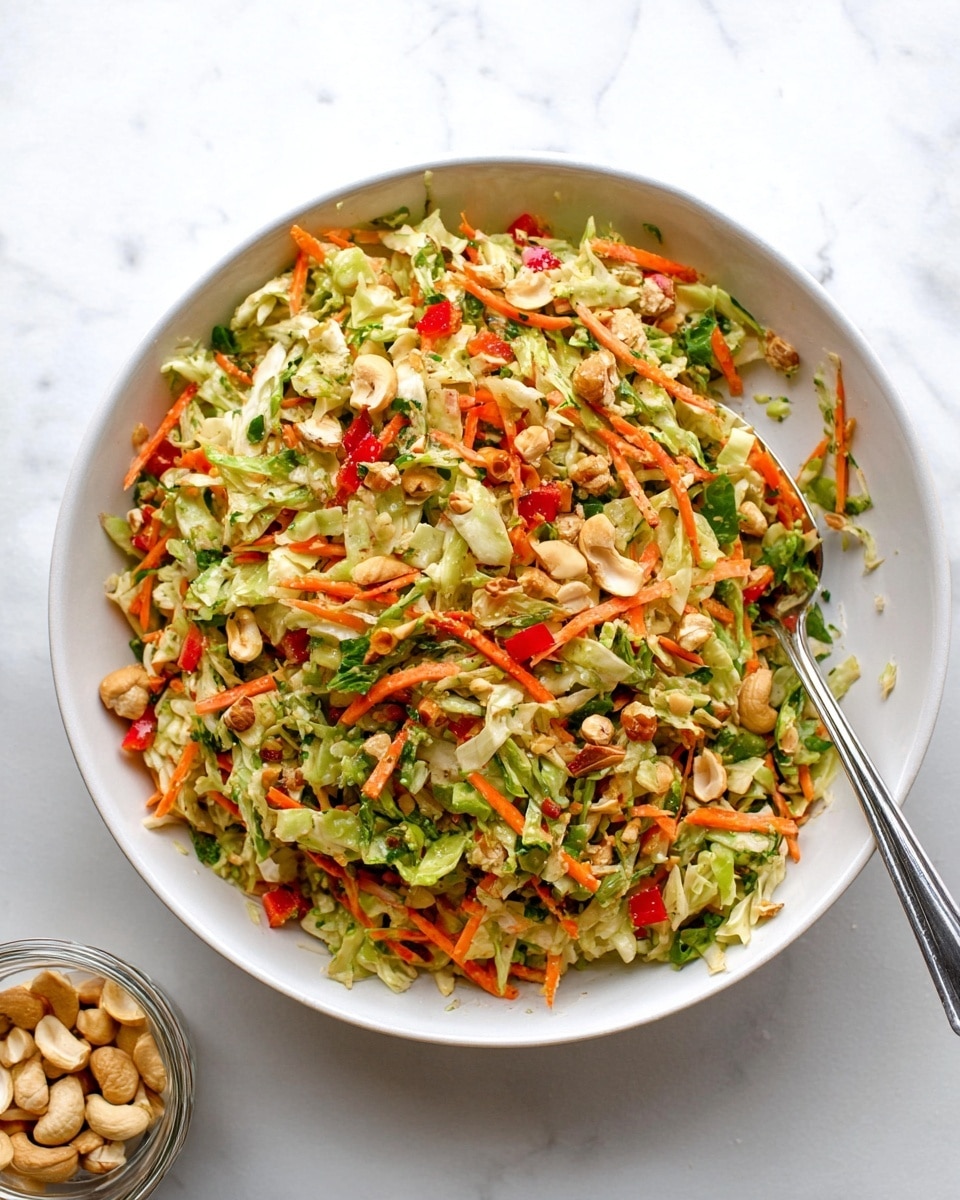 The image shows a white bowl filled with a colorful salad made of shredded green cabbage, thin orange carrot sticks, small green leafy bits, and thin red pepper slices. There are light brown crunchy nuts scattered throughout the salad, adding texture. A silver spoon rests inside the bowl on the right side, ready to serve. The bowl sits on a white marbled surface with a small glass container of cashew nuts placed in the lower left corner. The salad looks fresh and mixed well with a light dressing photo taken with an iphone --ar 4:5 --v 7