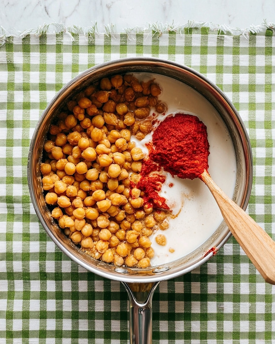 A silver pot filled with four main layers: on the left side, a large pile of golden chickpeas; on the right side, a smooth white liquid; near the bottom right, a bright red spoonful of thick paste resting on the white liquid; a wooden spoon handle with red paste on it sits in the pot, pointing from the bottom center toward the top right. The pot is placed on a green and white checked cloth, but the surface and background show a white marbled texture. Photo taken with an iphone --ar 4:5 --v 7