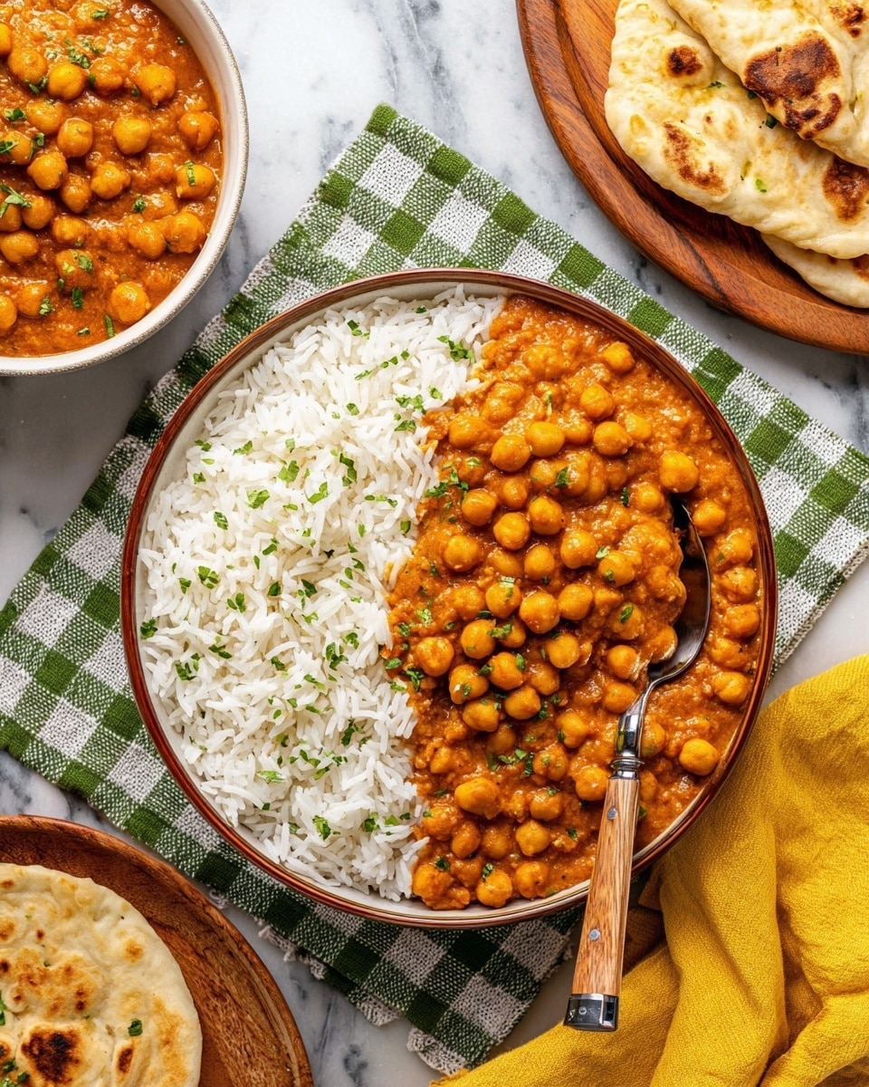A round white bowl holds two main layers: on the left, a fluffy layer of white rice with small green herb pieces scattered on top; on the right, a thick orange chickpea curry with soft, round chickpeas covered in a smooth, rich sauce, also sprinkled with green herbs. A wooden spoon with a metal tip rests in the curry on the right side. The bowl is placed on a green and white checkered cloth. To the top left is a white bowl with more chickpea curry and a spoon. To the top right, pieces of naan bread rest on a round wooden board. A yellow cloth napkin is folded near the bowl on the right. The background surface is white marbled. photo taken with an iphone --ar 4:5 --v 7