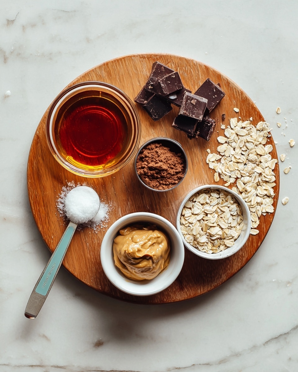 A round wooden board holds six small servings of ingredients arranged neatly on a white marbled surface. From left to right, a small glass bowl filled with dark amber syrup, dark brown chocolate pieces stacked in a small pile, a silver measuring cup filled with light brown cocoa powder, a white small bowl with creamy peanut butter, another small white bowl holding dark amber vanilla extract, and a silver measuring cup full of pale oats with some scattered nearby. A spoon with a white scoop and a turquoise handle rests on the board holding a dollop of white coconut oil near the bottom left. Photo taken with an iphone --ar 4:5 --v 7