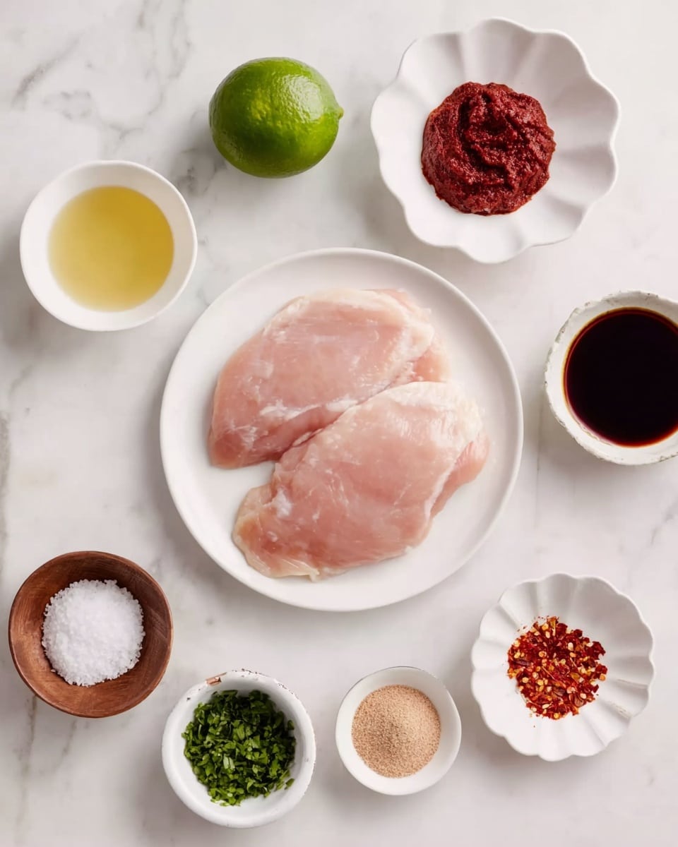 A white plate is in the center with two raw light pink chicken fillets laid flat. Around this plate, at the top center, there is a white bowl with a light yellow liquid. To the top right of the chicken, a white scalloped bowl holds a deep red paste. To the far right, a white bowl contains a dark brown liquid. Below it, a white scalloped bowl has two light brown powders and red flakes. Below the chicken plate, a white scalloped bowl is empty. To the bottom left, a wooden small bowl is filled with white granulated salt. To the far left, a whole green lime is placed on the surface. Above the lime, a small white bowl is filled with finely chopped green herbs. The background is a white marbled surface. Photo taken with an iphone --ar 4:5 --v 7