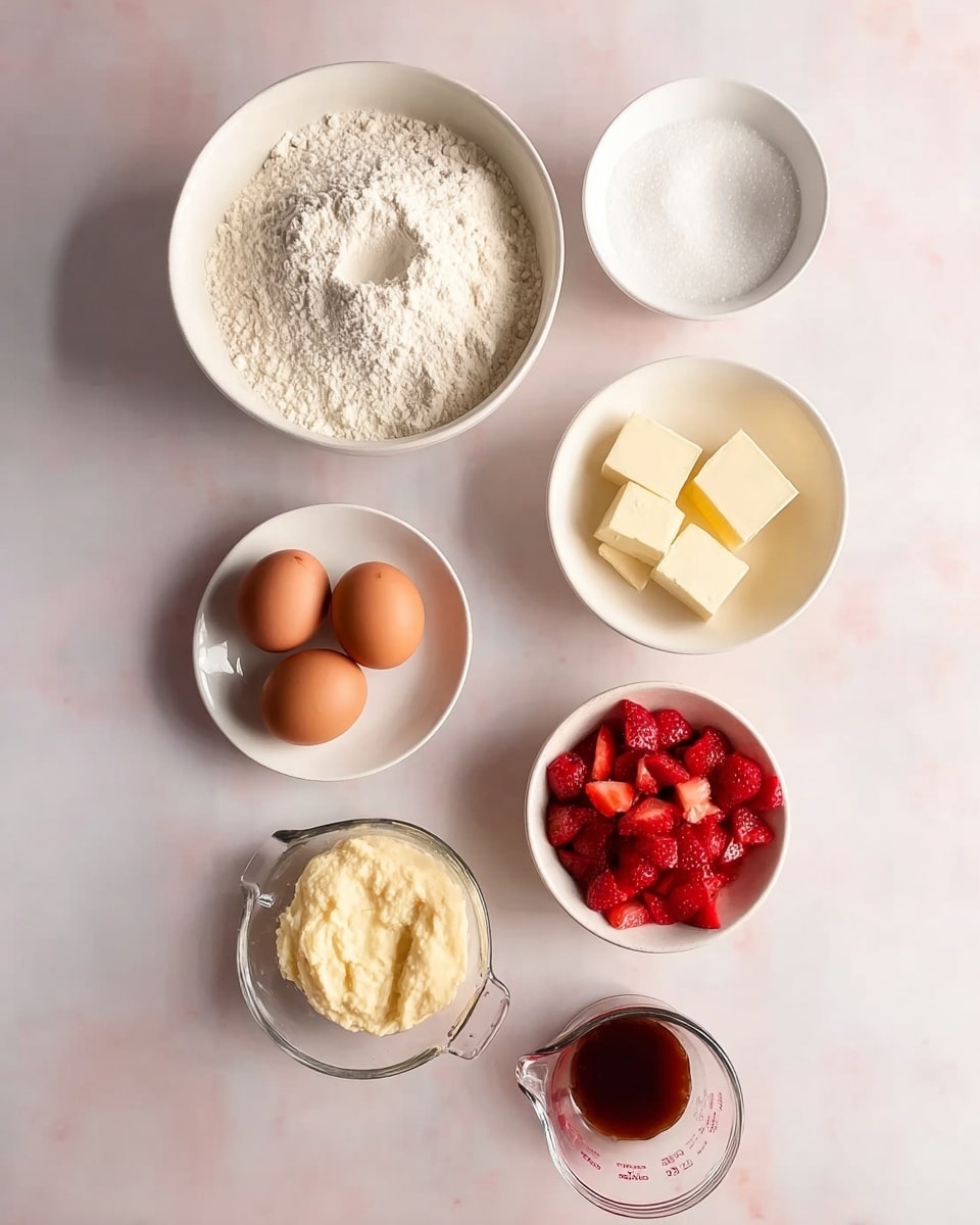 The image shows seven white bowls and a small measuring cup placed on a white marbled surface. At the top, a large white bowl is filled with white flour with a small indentation. Below it to the left, a medium white bowl contains white granulated sugar. Next to it on the right, a smaller bowl holds a few pieces of pale yellow butter. Below these, two brown eggs sit on a small white plate on the left. To the right, a glass measuring cup holds a light beige mashed mixture. At the bottom center, a small glass bowl contains dark brown liquid, and next to it on the right is a small white bowl filled with chopped red strawberries. Photo taken with an iphone --ar 4:5 --v 7