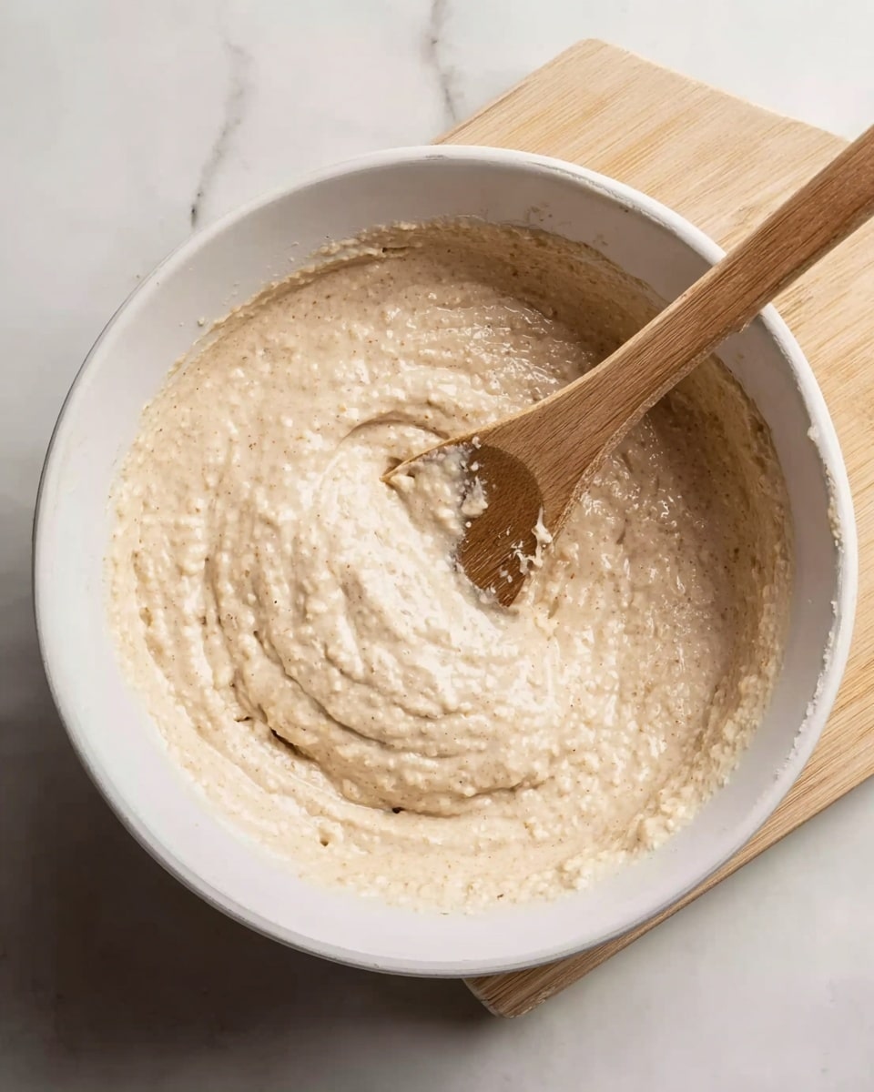 A close-up image of a white bowl filled with a thick, light beige batter that has a slightly lumpy texture. A wooden spoon is partially dipped into the batter, resting inside the bowl with some batter clinging to it. The bowl is placed on a white marbled surface with a light wooden cutting board partially visible behind it. The overall color scheme is soft and neutral, focusing on the creamy batter inside the white bowl. photo taken with an iphone --ar 4:5 --v 7