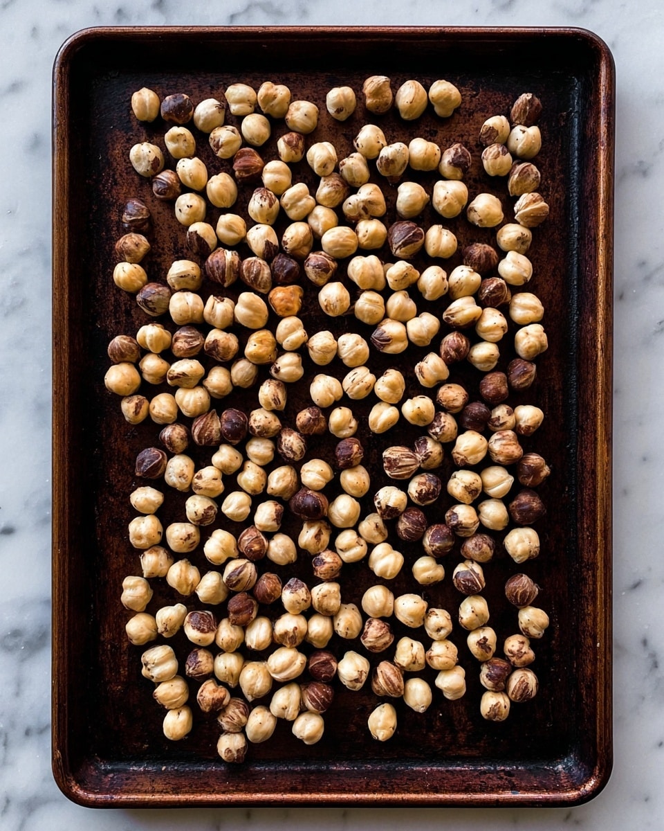 The image shows a single dark baking tray filled with one layer of evenly spread hazelnuts. The hazelnuts vary in color from light creamy beige to darker toasted brown, some showing natural spots and cracks. The tray is placed on a white marbled surface, with the texture of the tray showing signs of use and slight rust. photo taken with an iphone --ar 4:5 --v 7
