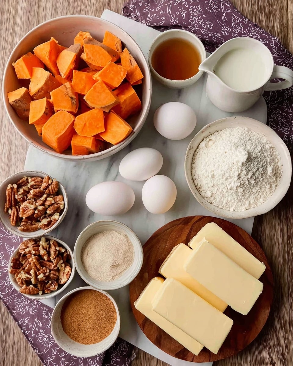 The image shows several white bowls and a small white jug arranged on a white marbled surface. The largest white bowl at the top left is filled with bright orange sweet potato pieces. To the right of it, a small white bowl holds a light brown liquid, likely vanilla extract, and a white jug is filled with milk. Below the sweet potatoes, there are two eggs in a white bowl sitting above a bowl of white sugar, next to a small bowl with a light brown powder, possibly cinnamon. On the left side near the bottom, a bowl contains chopped nuts with a rough texture and a mix of brown tones. Next to it, there’s a bowl filled with white flour. On the right side, several slabs of pale yellow butter are placed on a small wooden plate. The background has a purple cloth with white patterns, and the whole arrangement is on a wooden surface. Photo taken with an iphone --ar 4:5 --v 7