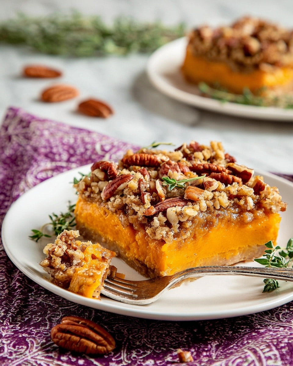 A square slice of two-layer dessert sits on a white plate with a silver fork beside it. The bottom layer is thick and smooth with a bright orange color, looking creamy and soft. The top layer is a crumbly nut topping made of chopped pecans, showing a mix of brown and light tan colors with a rough texture spread evenly. A small portion of the orange layer on the fork shows a soft, moist inside. There are sprigs of green herbs, whole pecans, and a purple and white patterned cloth in the background on a white marbled surface. Photo taken with an iphone --ar 4:5 --v 7