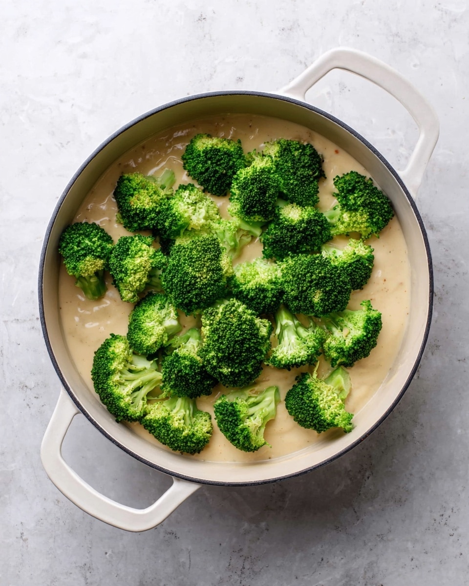 A top view of a white pan with two handles containing two layers: the bottom layer is a thick, beige creamy sauce with a smooth texture, and the top layer is an even spread of bright green broccoli florets arranged close together. The pan is placed on a white marbled surface. photo taken with an iphone --ar 4:5 --v 7