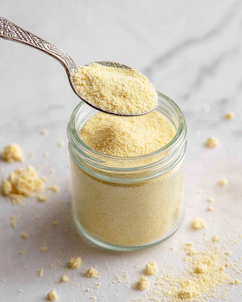 A clear glass jar is filled with a light yellow fine powder that looks soft and crumbly. Above the jar, a silver spoon with detailed patterns holds a mound of the same powder, slightly spilling over the edges. The background and surface are white with a marbled texture, and there are small bits of the powder scattered around the jar on the surface. The overall image is bright and clean. photo taken with an iphone --ar 4:5 --v 7