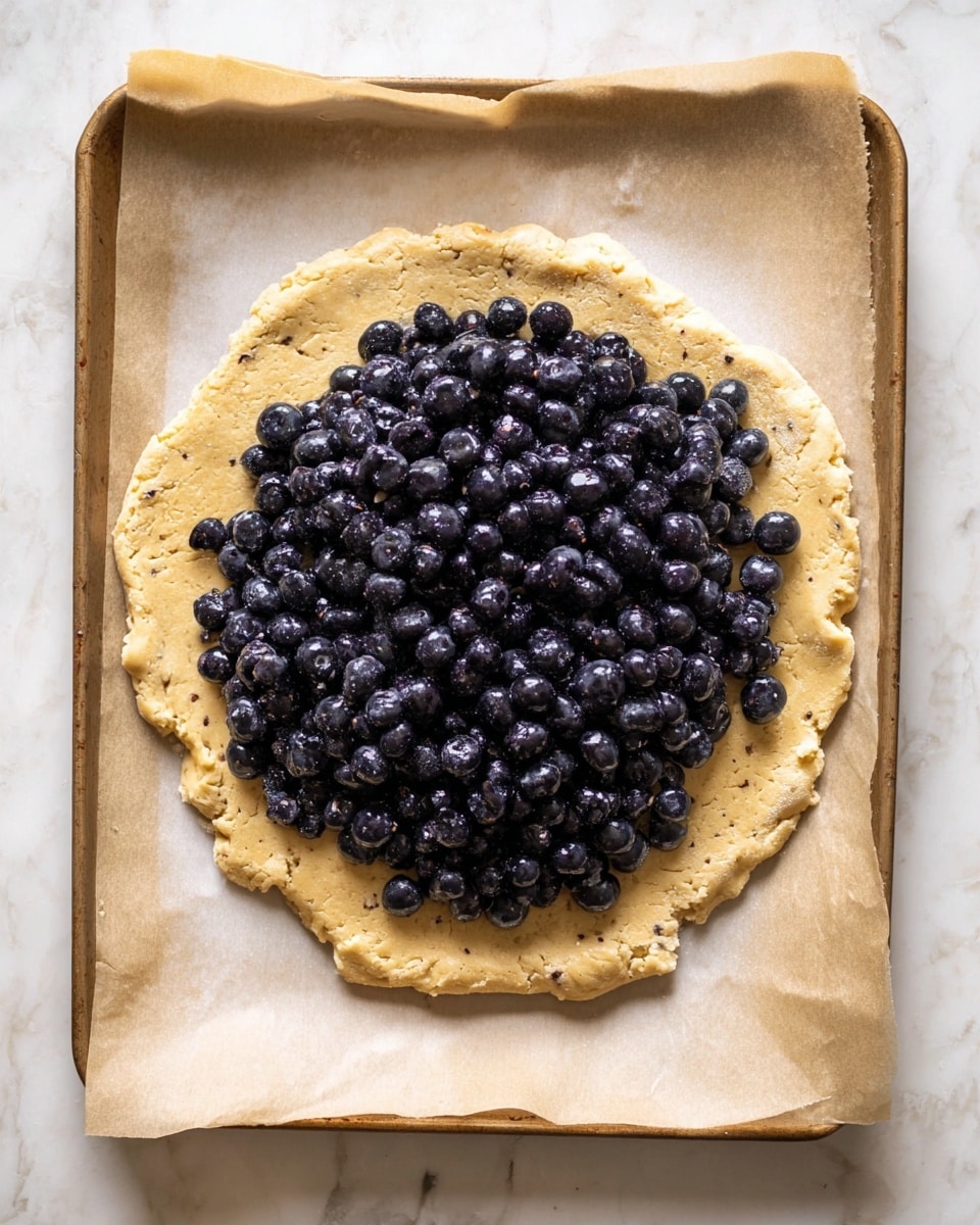 A round, uneven layer of pie dough with specks of nuts is placed flat on a parchment-lined baking tray, its edges rough and rustic. On top, in the center, there is a large mound of shiny, deep blue-black blueberries piled high, their smooth skins reflecting light and creating a glossy texture. The tray rests on a white marbled surface. photo taken with an iphone --ar 4:5 --v 7