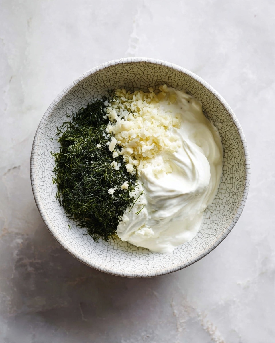 A white bowl with a cracked pattern on the inside sits on a white marbled surface, holding three distinct layers of ingredients. On one side, there is a dark green layer of finely chopped dill with a soft texture. Next to it, a larger white layer of creamy yogurt or sour cream shows smooth, slightly whipped swirls. On top of the white layer, finely minced pale yellow garlic is scattered, adding a bit of texture and contrast. The arrangement creates a clear separation between the green, white, and light yellow layers in the bowl. photo taken with an iphone --ar 4:5 --v 7