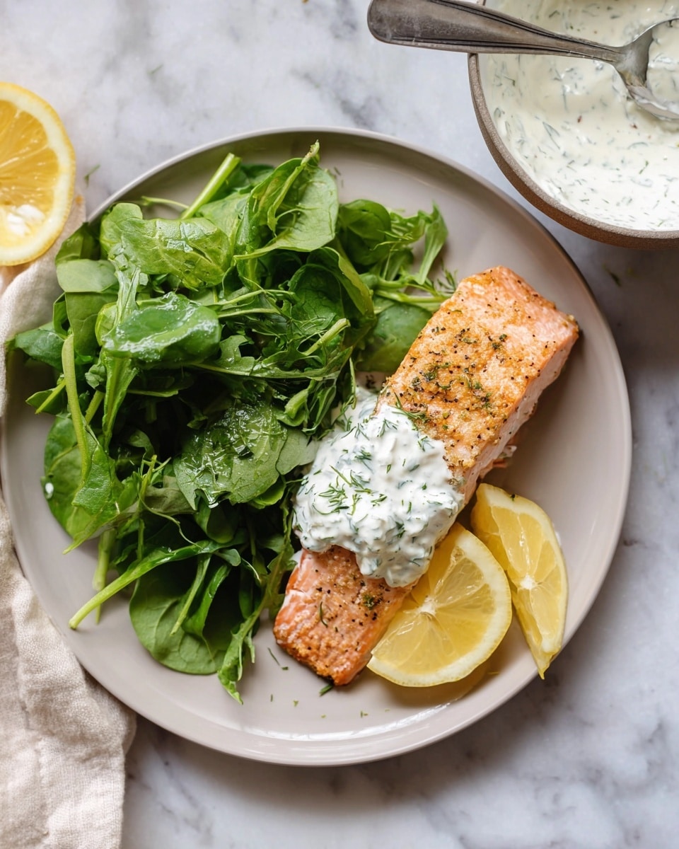 A white plate sits on a white marbled surface, holding a piece of cooked salmon with a golden crust and light pink flaky flesh, topped with a dollop of thick white sauce with herbs. Next to the salmon is a fresh green leafy salad, mixing spinach and arugula leaves. Two yellow lemon wedges rest beside the fish on the plate. Above the plate, a bowl with the same white sauce and a metal spoon is partially visible. Photo taken with an iphone --ar 4:5 --v 7