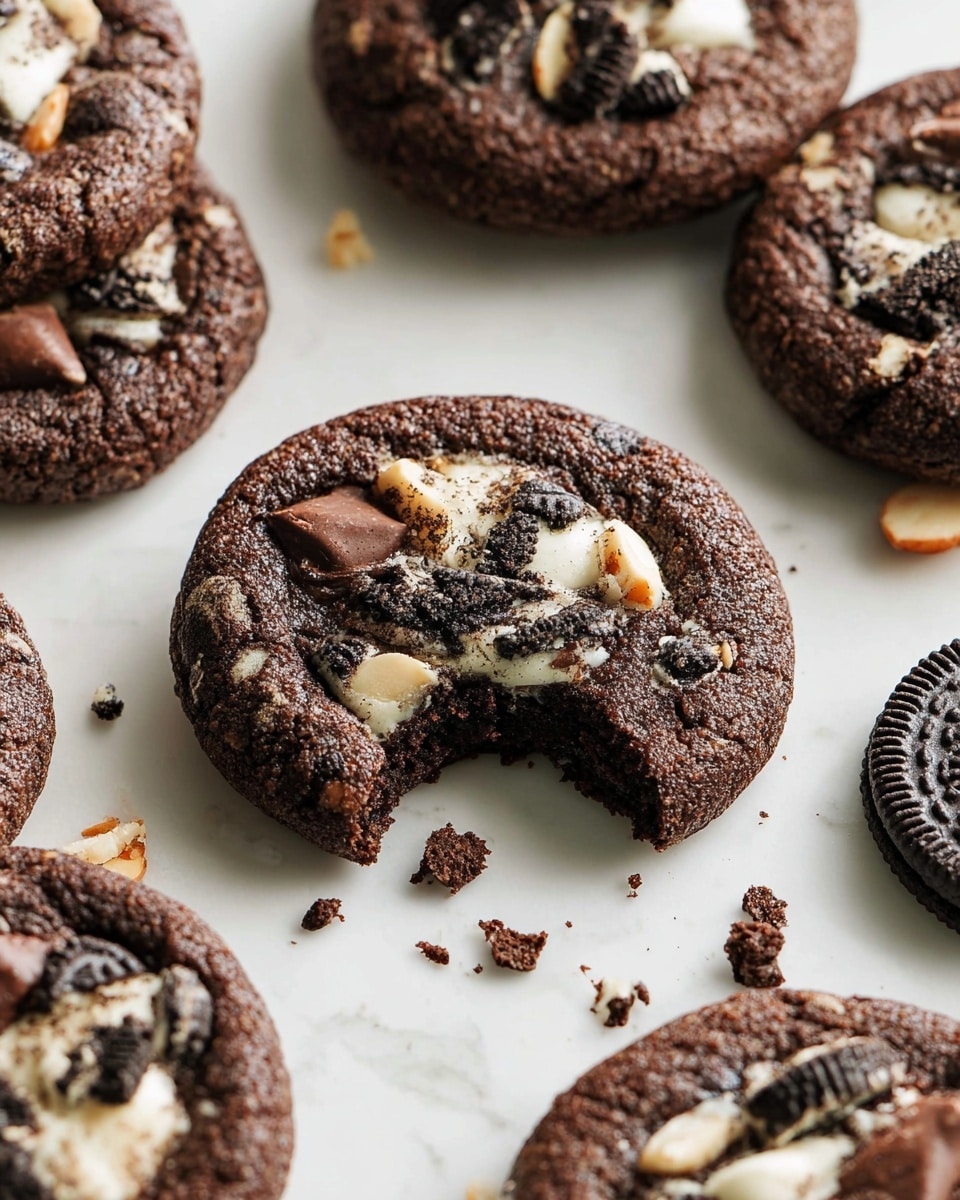 The image shows a close-up of several thick, round chocolate cookies on a white marbled surface. Each cookie has a rich dark brown base, with embedded pieces of crushed white and dark cookies, as well as white almond-like nuts and a few melted chocolate chunks on top. One cookie in the center is slightly bitten, revealing a soft, moist, and dense chocolate texture inside. The white cream from the embedded cookies contrasts with the dark outer parts, giving a mix of colors dark brown, white, and light beige spread across the cookie tops. The cookies are scattered naturally, with a broken dark cookie showing its layers of dark biscuit and white cream nearby. Photo taken with an iphone --ar 4:5 --v 7