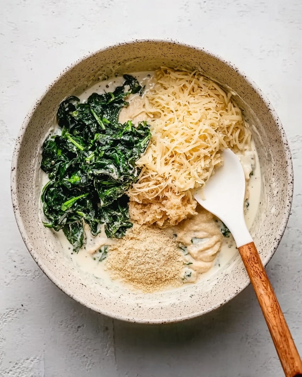 The image shows a white speckled bowl filled with several layers of ingredients for cooking. At the bottom is a thick white sauce. On top, there are four main sections: dark green chopped spinach on the left, creamy light beige hummus on the right, shredded pale yellow cheese in the front, and a small mound of finely grated light tan cheese or seasoning near the center. A wooden spoon with a white scoop rests inside the bowl on the right side, touching the hummus. The surface below the bowl is a white marbled texture. Photo taken with an iphone --ar 4:5 --v 7