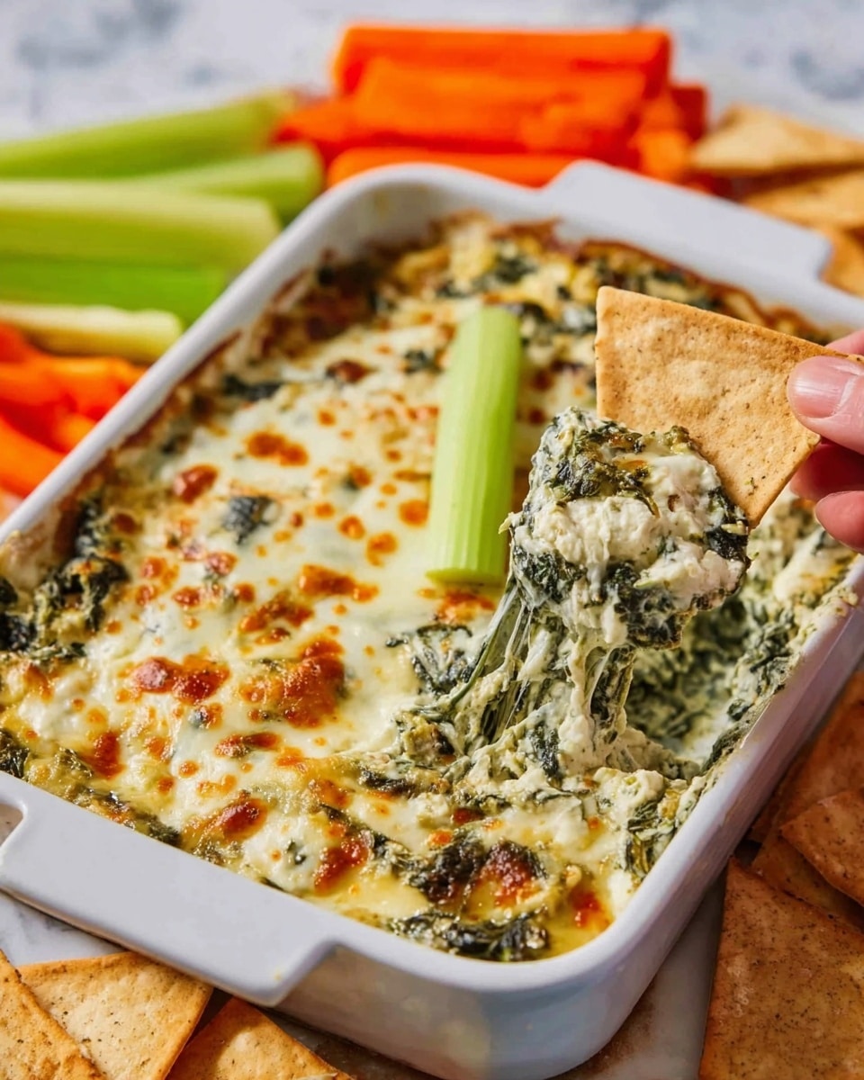 The image shows a white rectangular dish filled with a creamy spinach dip topped with a layer of melted, golden-brown cheese that looks slightly browned in spots. The dip appears rich and textured with visible bits of spinach mixed throughout. Several triangular pita chips are placed partly inside the dip, with one celery stick standing upright in the dish and more celery and carrot sticks in the background on a white marbled surface. A woman's hand is holding a pita chip, ready to dip into the creamy mixture. Photo taken with an iphone --ar 4:5 --v 7