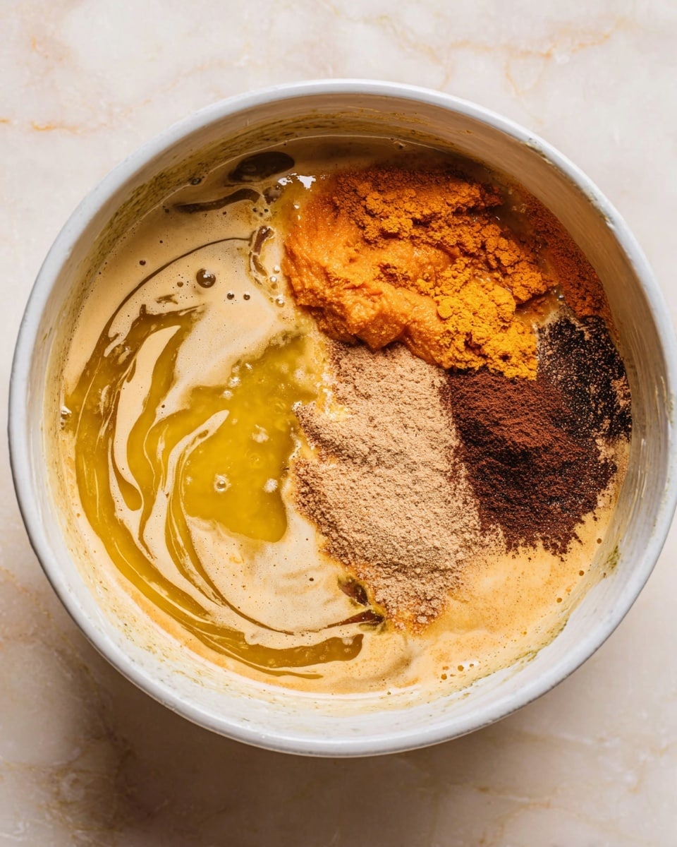 A white bowl holds a mixture with five visible layers: a creamy beige liquid base swirled with golden yellow oil or melted butter; a bright orange thick puree placed on the right side; a light brown powder sitting on the orange puree; a dark brown powder near the center; and a medium brown powder on the left side. The bowl rests on a white marbled surface, and the mixture's textures range from smooth liquid to fine powder and thick puree. photo taken with an iphone --ar 4:5 --v 7