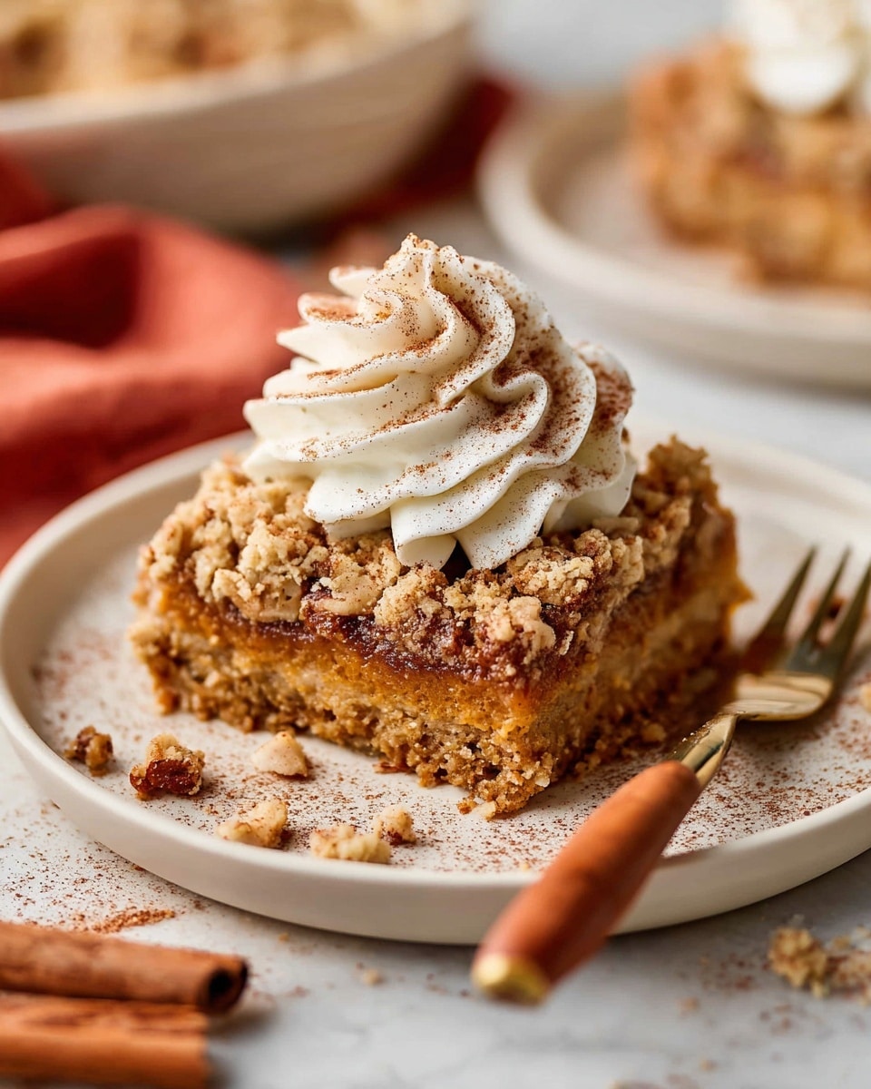 A white plate holds a square piece of crumbly dessert with visible bits of nuts and oats, layered with a soft, dense filling in the middle that has a warm golden-brown color. On top, there is a swirl of white whipped cream dusted lightly with brown cinnamon powder. A fork with a wooden handle rests on the plate, partly under the dessert, and part of the dessert is missing showing the inside texture. The dish sits on a white marbled surface with cinnamon sticks and a reddish cloth nearby in soft focus. Photo taken with an iphone --ar 4:5 --v 7
