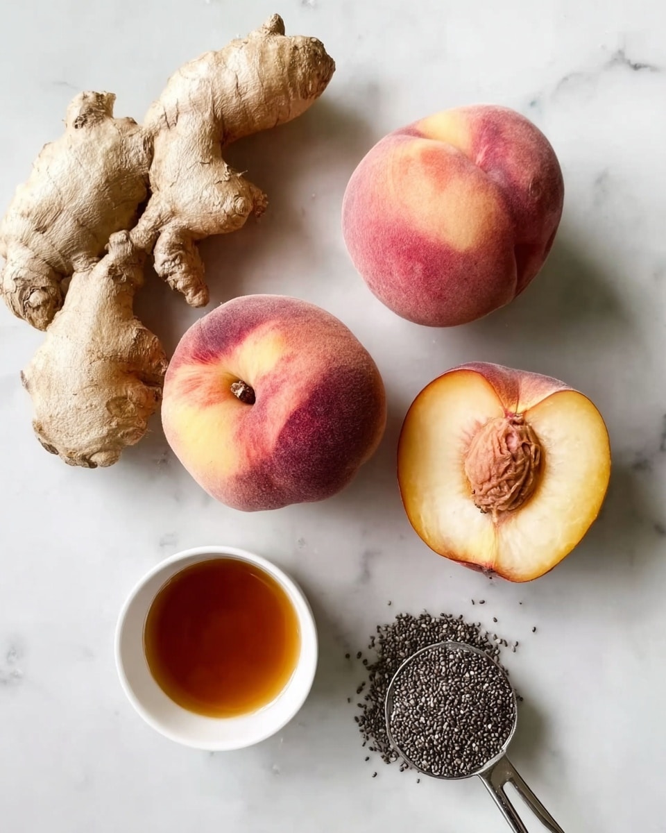 The image shows three whole fuzzy peaches with pink and yellow skin placed on a white marbled surface. Two peach halves with creamy white flesh and a pit hole are positioned near the whole peaches, showing the soft texture inside. To the left, a large piece of beige ginger root with rough skin adds an earthy contrast. Below the peaches, a small white bowl contains a dark amber liquid, while to the right, a metal measuring spoon filled with tiny black chia seeds rests on the marble. The overall look is fresh and natural, highlighting the colors and textures of each ingredient. photo taken with an iphone --ar 4:5 --v 7