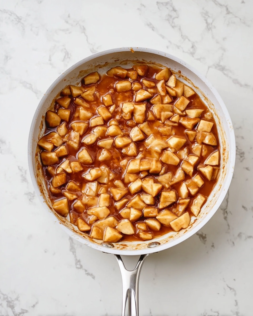 A white frying pan with a silver handle holds small, evenly cut apple pieces cooked in a thick brown sauce. The apple pieces have a soft, slightly shiny texture and are spread out, covering most of the pan's bottom in a single layer. The sauce coats the apples, pooling slightly around them and sticking to the sides of the pan, creating a rich contrast with the light-colored pan. The pan sits on a white marbled surface, enhancing the warm, caramel-like colors of the apples and sauce. photo taken with an iphone --ar 4:5 --v 7