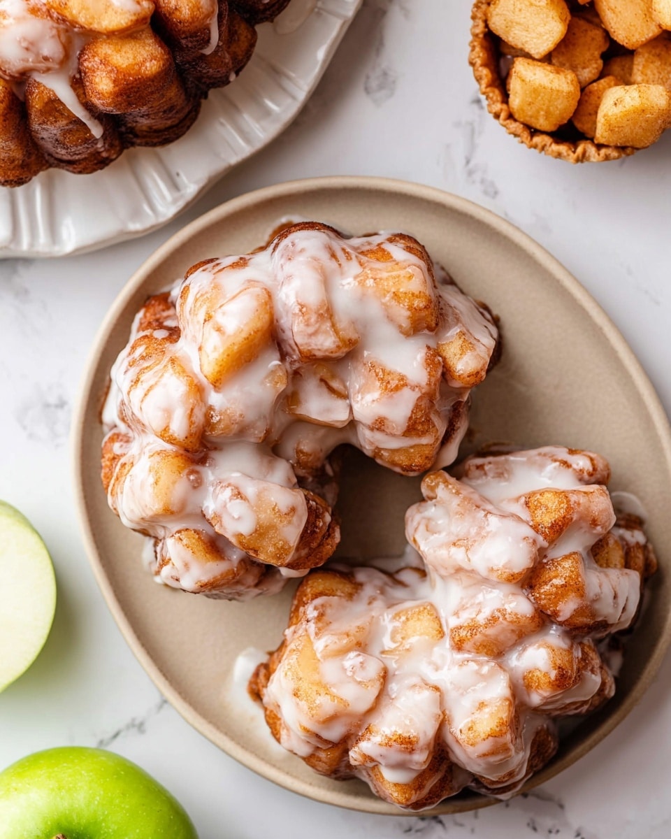 The image shows two large cinnamon roll monkey breads on a beige plate, each made of small, golden-brown dough pieces clumped together forming a round shape, all covered in a thick white glaze that glistens and drips slightly. Next to the monkey bread on the plate is a small tart filled with extra golden dough pieces without glaze. Part of a white scalloped plate with another cinnamon roll monkey bread is visible on the left side, and a green apple cut in half lies on the white marbled surface at the bottom left corner. Photo taken with an iphone --ar 4:5 --v 7