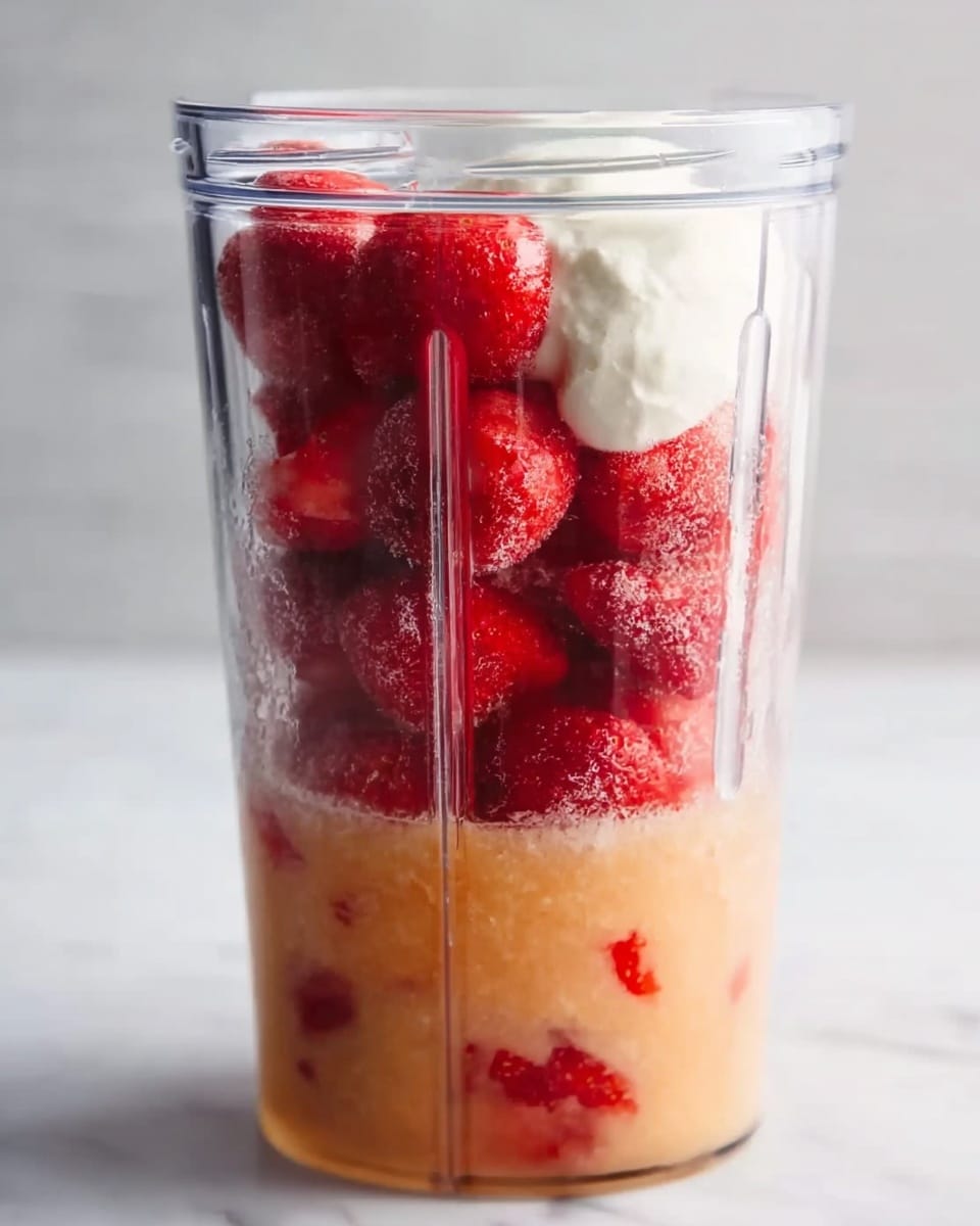 A clear blender cup sits on a white marbled surface, filled with several layers of ingredients. At the bottom is a light orange liquid with small red pieces floating in it. Above that, there are whole frozen red strawberries stacked closely together. On top of the strawberries, a thick dollop of white creamy substance completes the layers inside the blender cup. The background is soft and blurry, with natural light highlighting the textures inside the cup. photo taken with an iphone --ar 4:5 --v 7