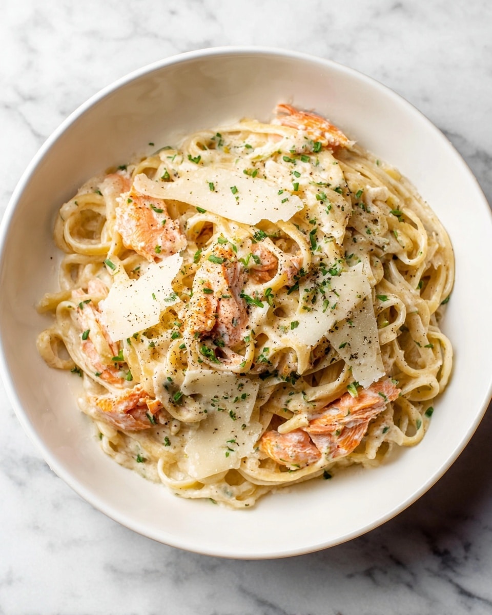 A white bowl filled with a creamy pasta dish sits on a white marbled surface. The pasta is long and thin, coated in a light creamy sauce with bits of cooked pink-orange fish scattered throughout. There are a few larger pieces of fish visible, mixed evenly with the noodles. Thin, off-white slices of cheese are placed on top, along with small green herb sprinkles that add a fresh touch. The dish is garnished with a light dusting of black pepper. Photo taken with an iphone --ar 4:5 --v 7