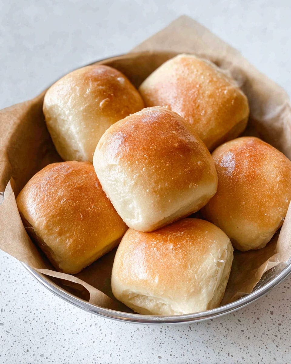 A round metal bowl holds about seven golden brown dinner rolls. The rolls are soft with slightly shiny tops and smooth textures. They sit on light brown parchment paper that lines the bowl. The bowl is placed on a white marbled surface with tiny grey specks. The rolls have a warm, fresh-baked look with slight variations in shape and browning. photo taken with an iphone --ar 4:5 --v 7