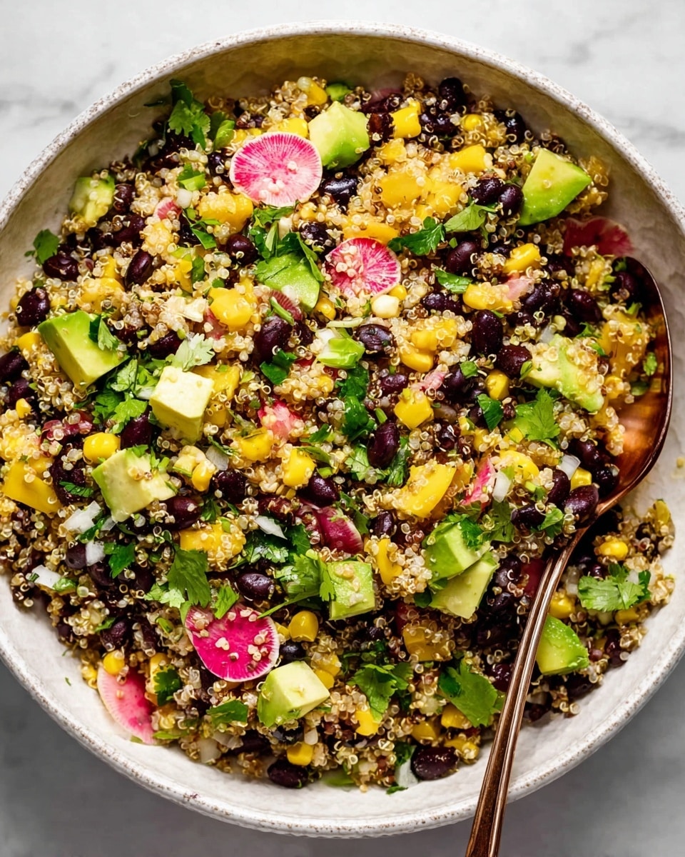 A white decorative bowl filled with a colorful quinoa salad made of black beans, yellow corn pieces, bright green cilantro leaves, and chunks of light green avocado. Thin slices of red and white watermelon radish add a pinkish hue along with chopped green scallions. The texture of cooked quinoa forms the base layer, mixed evenly with the other ingredients, creating a fresh and vibrant look. A bronze spoon rests on the edge of the bowl, all placed on a white marbled surface. photo taken with an iphone --ar 4:5 --v 7