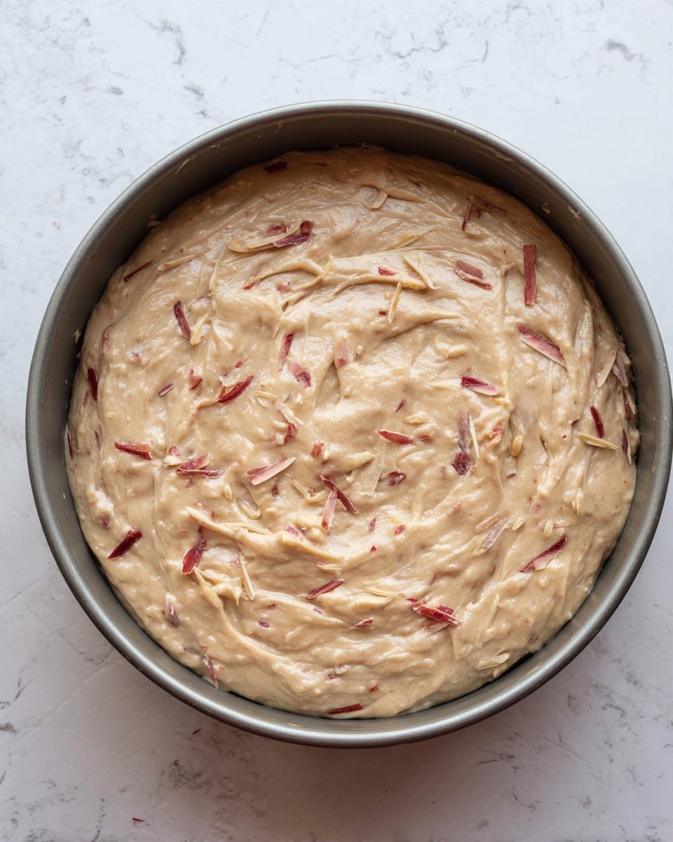 The image shows a round baking pan filled with thick, light brown batter with small red and light yellow shreds mixed in. The batter looks smooth but has visible texture and folds on the surface, with the shreds scattered unevenly throughout. The pan is resting on a white marbled surface. photo taken with an iphone --ar 4:5 --v 7