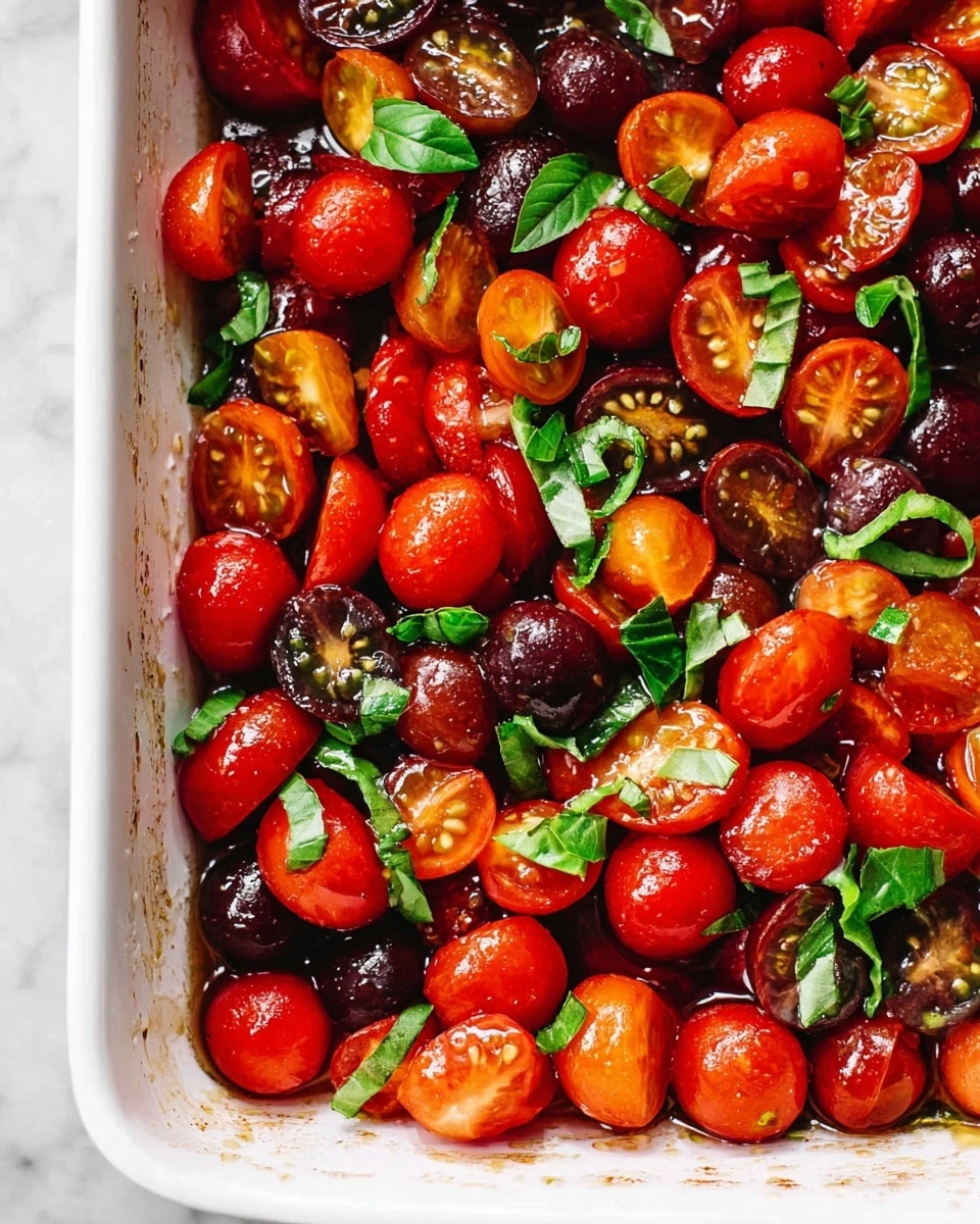 The image shows a white rectangular baking dish filled with halved cherry tomatoes, bright red and deep purple in color, creating a rich mix of shiny, smooth textures. Scattered among the tomatoes are thinly sliced fresh green basil leaves, adding a pop of vibrant green color and a slightly crinkled texture on top. The tomatoes appear glossy and moist, as if coated with a light layer of oil or dressing, pooling slightly at the bottom of the dish on a white marbled surface. The inside of the tomatoes reveals their juicy, seed-filled centers, and the overall look is fresh, colorful, and inviting. photo taken with an iphone --ar 4:5 --v 7