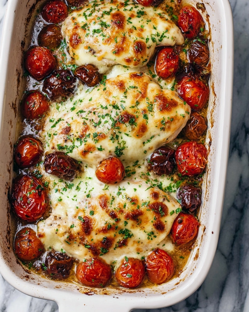 The image shows a white baking dish with three layers of cooked chicken covered in melted, bubbly, golden-brown cheese on top. Around the chicken, there are roasted cherry tomatoes, some whole and some split, with a slightly wrinkled, caramelized texture in deep red and dark brown colors. The cheese has small, browned spots and is sprinkled with chopped green herbs. The background is a white marbled surface. photo taken with an iphone --ar 4:5 --v 7