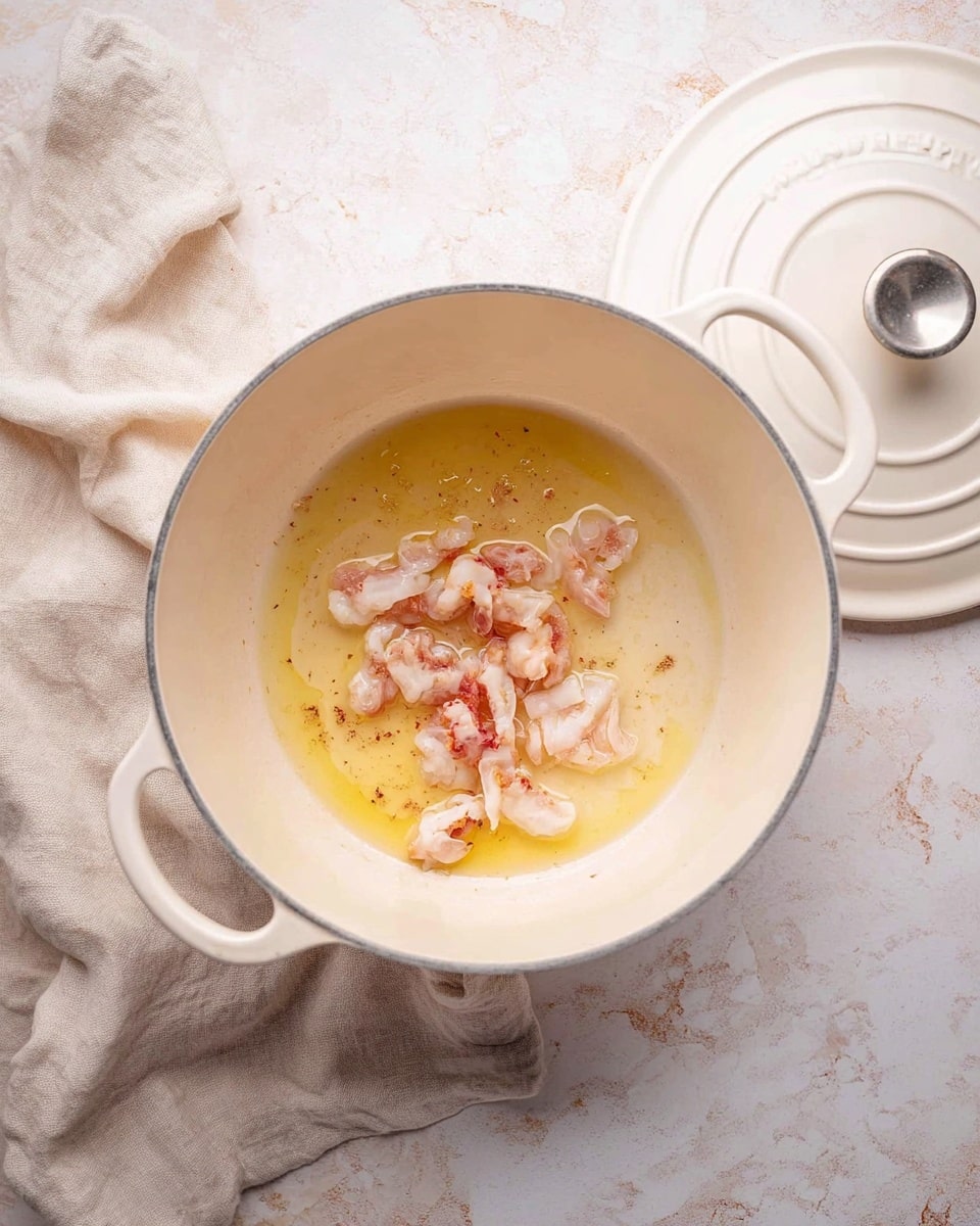 A white pot with two handles and a lid beside it on a white marbled surface holds several small pieces of light pink and white food cooking in melted yellow butter. The pieces are scattered mostly in the center, showing some reddish spots, and the inside of the pot is cream-colored with a slightly darker rim. A pale beige cloth is partially visible to the pot's left side. Photo taken with an iphone --ar 4:5 --v 7