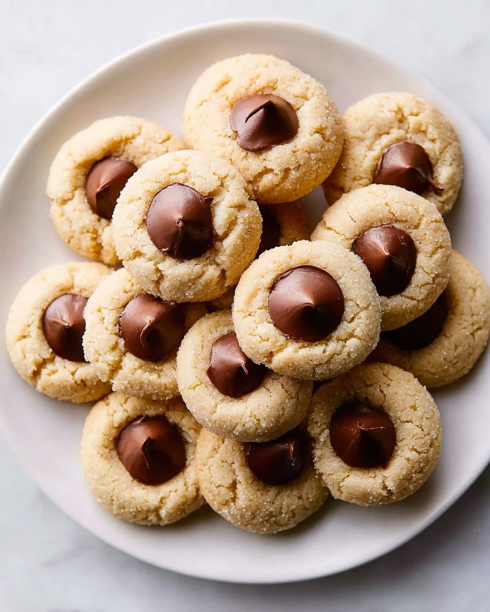 A white plate holds about a dozen round cookies with a light golden brown color and cracked texture on top. Each cookie has a dark brown chocolate piece pressed into its center, creating a striking contrast. The cookies are closely packed, showing a soft, crumbly texture with sugar crystals glistening slightly on their surface. The plate sits on a white marbled background. photo taken with an iphone --ar 4:5 --v 7