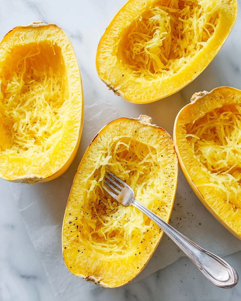 The image shows four halves of a yellow spaghetti squash placed on a white marbled surface, each with a slightly rough texture on the outside and soft, fibrous yellow flesh inside. The flesh of the squash is stringy and pulled apart in one half, where a silver fork rests, mid-mashing the strands. The other halves vary in how much of the stringy inside is removed or intact, showing the natural shapes and textures of the squash flesh and rind with subtle specks of black pepper on one half. This simple, fresh scene focuses on the bright yellow color of the squash against the clean white marbled background photo taken with an iphone --ar 4:5 --v 7