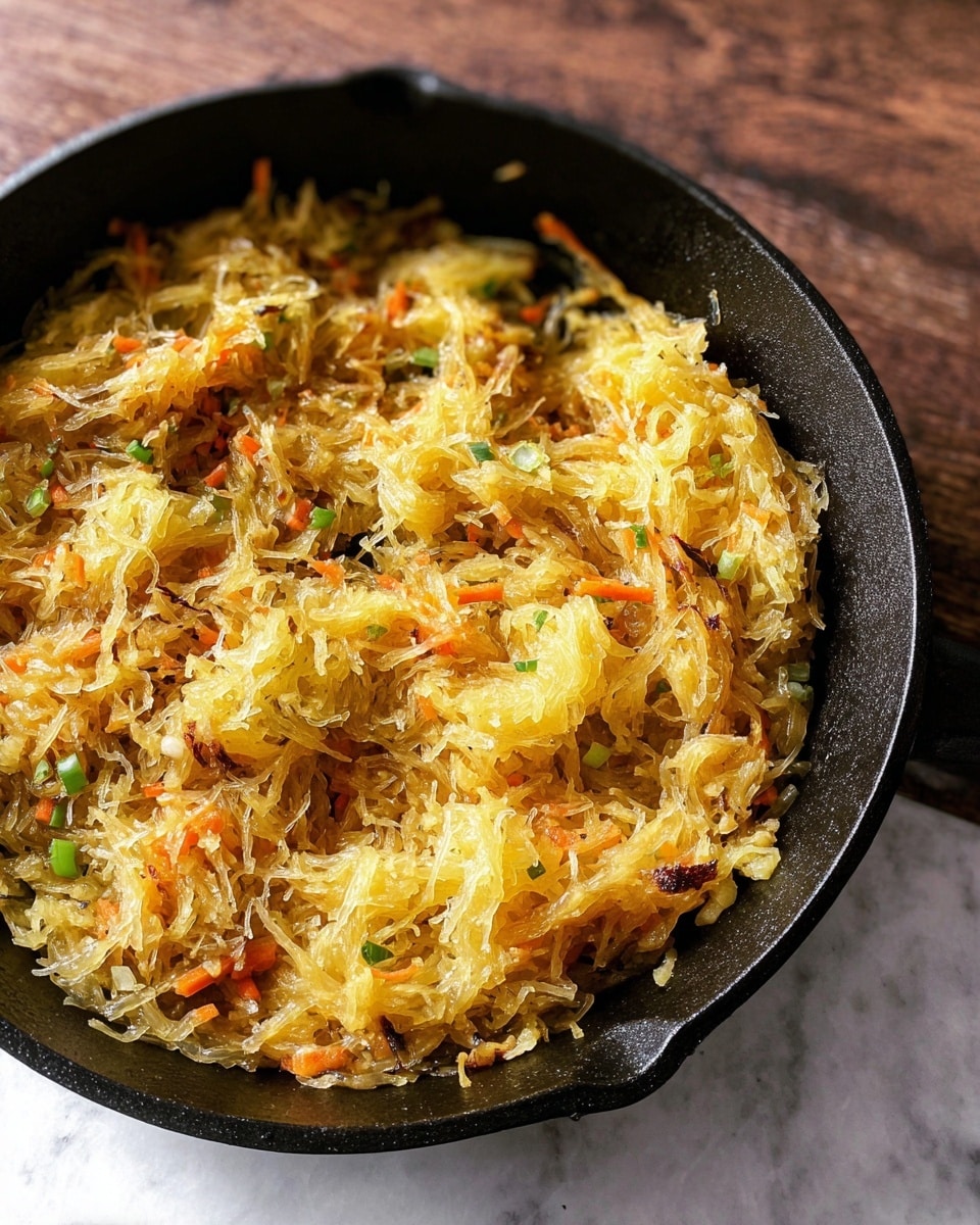 A black cast iron pan filled with cooked spaghetti squash that is light yellow with some golden brown spots, mixed with finely chopped vegetables like onions, small orange carrot strips, and green celery pieces. The texture looks slightly crispy on the edges with some soft portions inside. The pan sits on a surface with a white marbled texture, giving contrast to the warm tones of the dish. Photo taken with an iphone --ar 4:5 --v 7