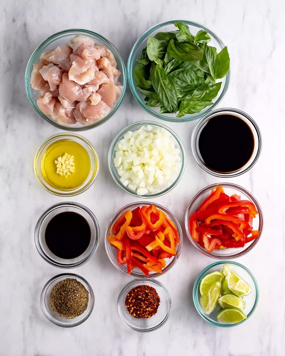 The image shows nine clear glass bowls arranged neatly on a white marbled surface. The largest bowls at the top hold raw pieces of pale pink chicken on the left, fresh green basil leaves in the center, and chopped white onions on the right. Below these are a small bowl of light yellow chopped garlic on the far left, a medium bowl of golden olive oil next to it, a medium bowl of dark soy sauce in the middle, and a medium bowl of bright red bell pepper strips on the right. At the bottom, there is a small bowl of dark sauce on the left, a small bowl of red pepper flakes at the center-left, a small bowl with brown ground spice in the center-right, and a small bowl of thinly sliced lime rounds on the far right. The clean, orderly layout highlights the fresh colors and textures of the ingredients photo taken with an iphone --ar 4:5 --v 7