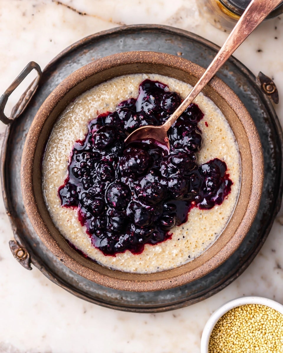 A bowl with a rough beige rim holds a creamy, light tan pudding base that looks soft and slightly bubbly. On top, there is a thick purple-black berry sauce with whole berries, spread unevenly in the center. A copper spoon rests inside the bowl on the right side, touching the berry sauce. The bowl sits in a round dark gray metal tray with handles on a white marbled surface. Part of a small white bowl filled with light yellow seeds is visible in the bottom right corner. photo taken with an iphone --ar 4:5 --v 7