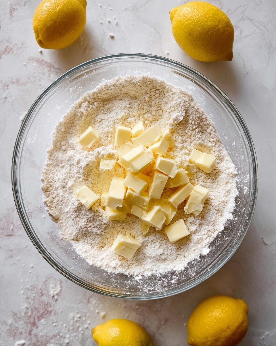A clear glass bowl is filled with two layers: the bottom layer is finely ground white flour, soft and powdery, and the top layer consists of light yellow butter cubes scattered unevenly on the flour. Around the bowl, on a white marbled surface, there are four bright yellow lemons, adding a splash of color to the scene. The photo is taken with an iphone --ar 4:5 --v 7