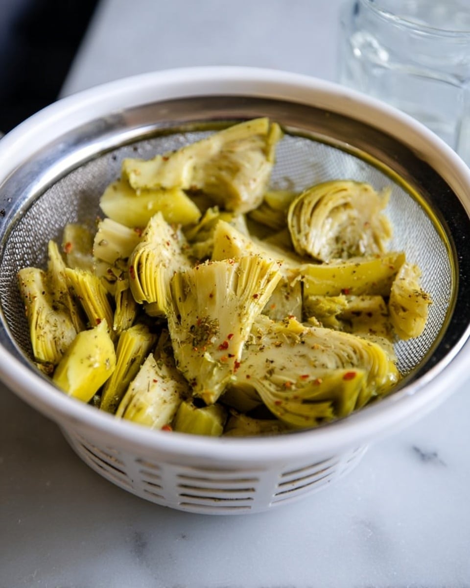 A white bowl holds a metal mesh strainer filled with yellow-green artichoke hearts that have visible seasoning specks of herbs and red pepper flakes. The artichoke hearts are cut into chunks and layered loosely inside the strainer. The background shows a white marbled surface with a glass container partially visible on the side. photo taken with an iphone --ar 4:5 --v 7