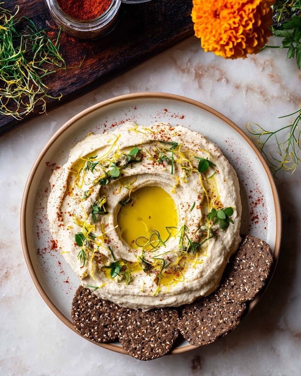 The dish shows a white plate with a beige rim holding a creamy white hummus spread in a ring shape, with a hollow center filled with bright yellow olive oil. The hummus is topped with small green herb leaves and fine lemon zest strands, along with a light dusting of red spice powder. Around the plate are dark whole grain crackers with visible seeds. In the background, there is a white marbled surface with a dark wooden board holding a small jar of red spice and some green herb sprigs, plus an orange marigold flower. photo taken with an iphone --ar 4:5 --v 7