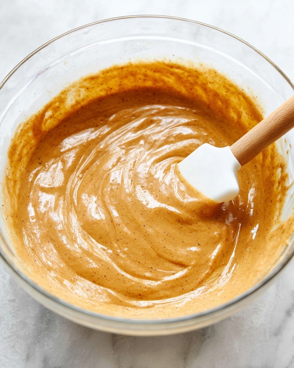 A clear glass bowl filled with a smooth, thick batter of a warm light brown color with small, fine specks throughout, being stirred by a white spatula with a wooden handle. The batter's surface shows gentle swirls and a slightly glossy shine, indicating a soft texture. The bowl is sitting on a white marbled surface. Photo taken with an iphone --ar 4:5 --v 7
