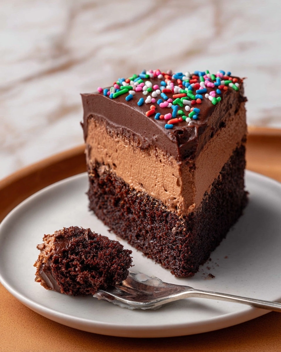 A slice of chocolate cake with three visible layers sits on a white plate on a wooden table. The bottom layer is a dark, dense chocolate base, the middle layer is a smooth, lighter chocolate mousse, and the top layer is thick, glossy chocolate frosting decorated with small, round colorful sprinkles in red, green, blue, pink, and orange. A silver fork holds a chunk of cake with all three layers, resting on the plate near the slice. The background has a white marbled texture. Photo taken with an iphone --ar 4:5 --v 7