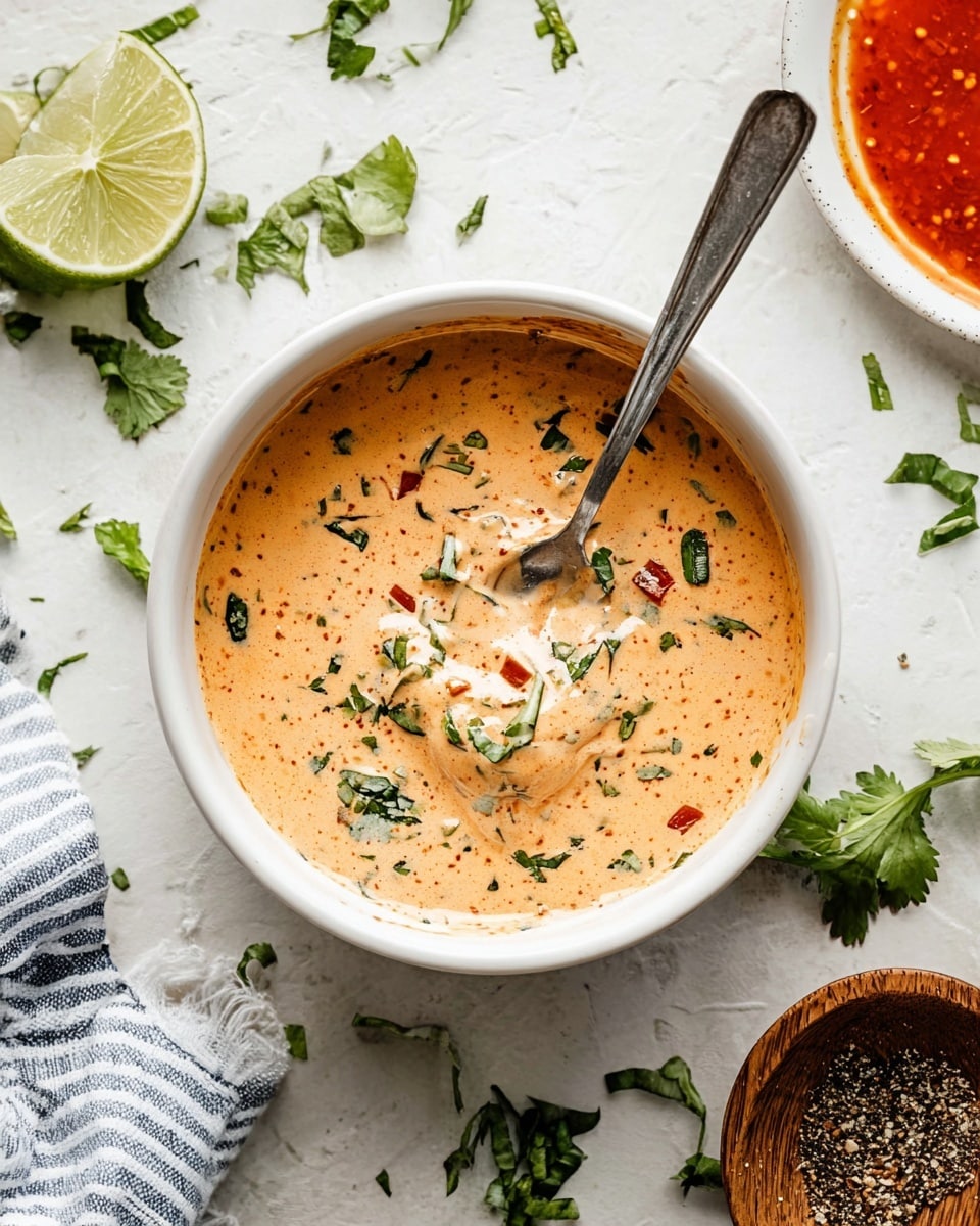 A white bowl holds a thick, creamy sauce with a light orange color, speckled with green herbs and small red pieces. A silver spoon is dipped into the sauce, resting inside the bowl. Around the bowl, there are fresh green herb leaves scattered, along with a wedge of lime on a white marbled textured surface. Part of another white plate with a red sauce is visible in the top right corner, and a small wooden bowl with crushed black pepper is seen in the bottom right corner. A white and blue striped cloth is partly visible near the bottom left. Photo taken with an iphone --ar 4:5 --v 7