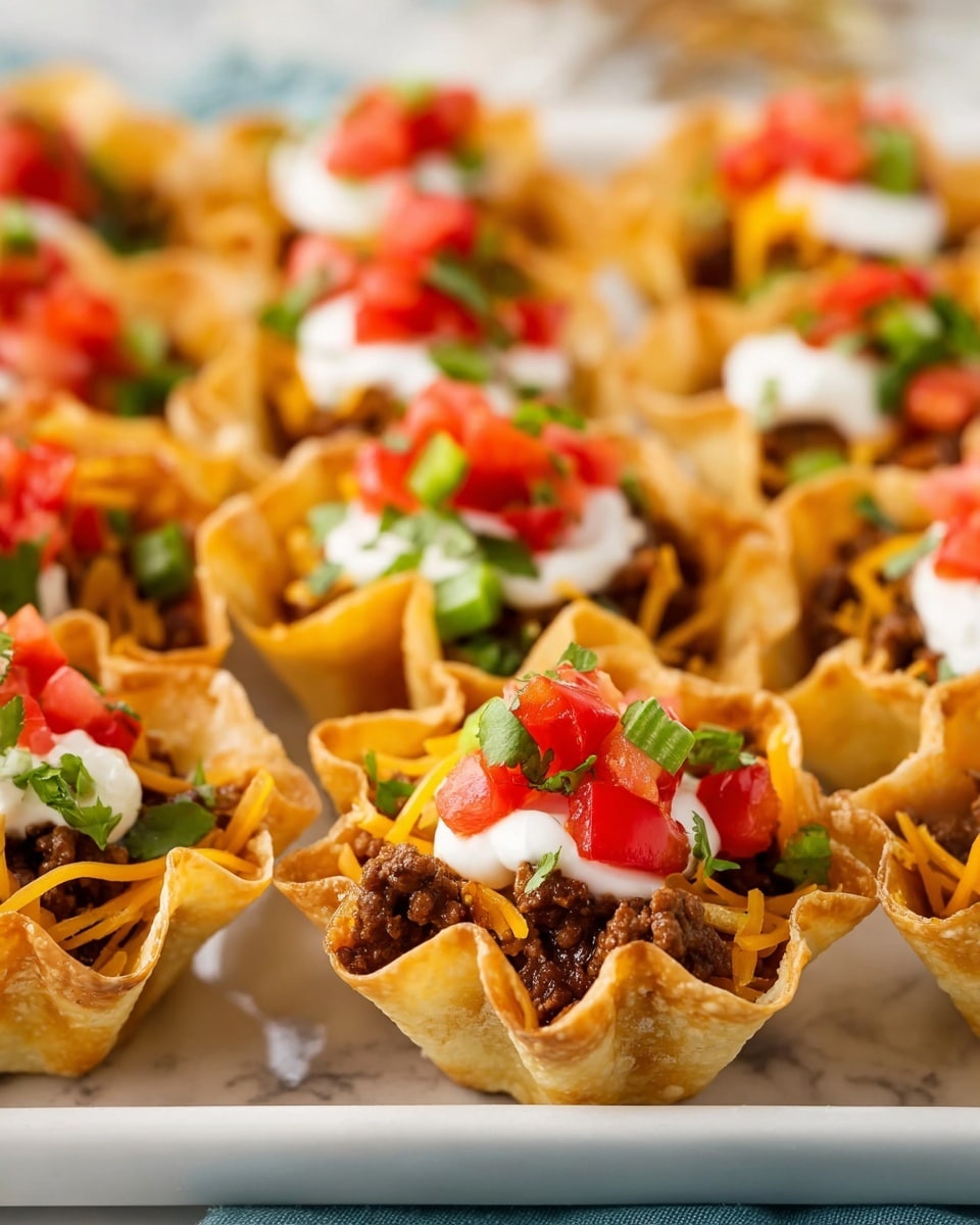 The image shows several small bite-sized taco cups arranged in rows on a white tray, placed on a white marbled surface. Each taco cup has three visible layers: a crispy, golden-brown tortilla shell forming the base with petal-like edges, a middle layer of cooked ground beef with shredded yellow cheese mixed in, and the top layer consisting of a dollop of white sour cream, bright red chopped tomatoes, green herbs, and small bits of green peppers. The colors are warm and fresh, with the tortilla's light brown contrast against the vibrant reds, greens, and creamy white toppings. The photo is taken close-up, focusing sharply on the front cups with the background softly blurred, photo taken with an iphone --ar 4:5 --v 7