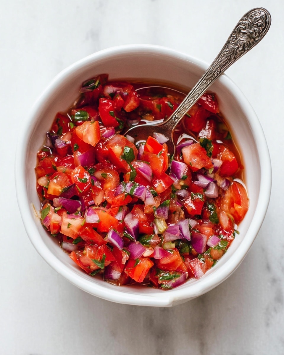 A white bowl filled with fresh salsa made of red tomato chunks, small pieces of purple onion, and bits of green herbs evenly mixed together, creating a colorful and textured top layer. A silver spoon with ornate design is placed inside the bowl, resting on the right side. The bowl is set on a white marbled surface, adding a clean background that highlights the bright colors of the salsa. photo taken with an iphone --ar 4:5 --v 7