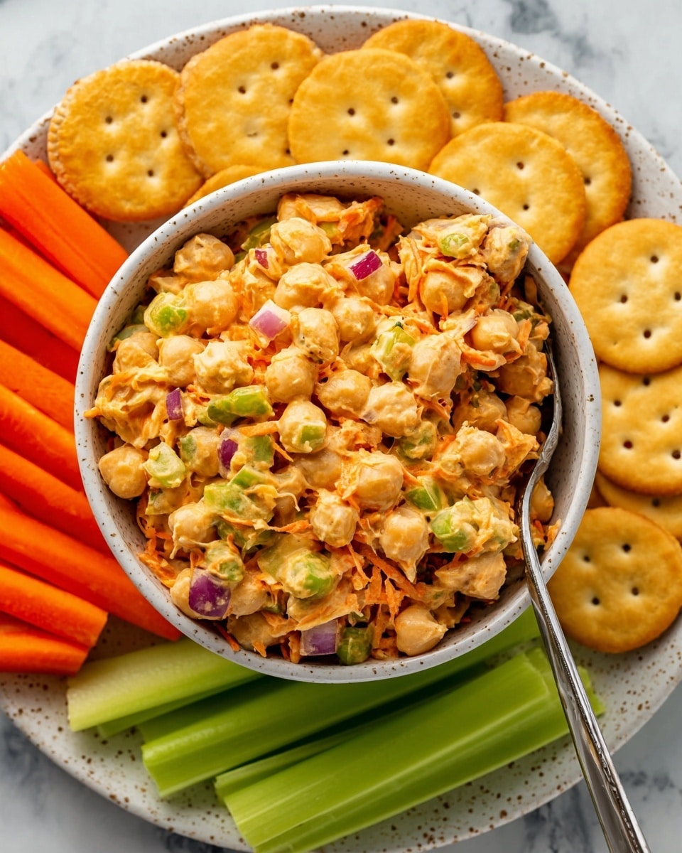 A white speckled bowl filled with a three-layer chickpea salad sits in the center of a white speckled plate. The salad is made of chunky chickpeas mixed with small pieces of green celery, orange shredded carrots, and bits of purple onion, all coated in a light orange creamy dressing. A silver spoon rests inside the bowl, slightly lifting some salad. Around the bowl on the plate are bright orange carrot sticks, light green celery sticks, and golden round crackers arranged in neat sections against a white marbled background. photo taken with an iphone --ar 4:5 --v 7
